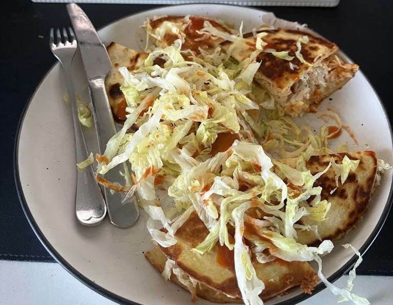 Chicken Quesadilla with Iceberg Lettuce and Hot Sauce